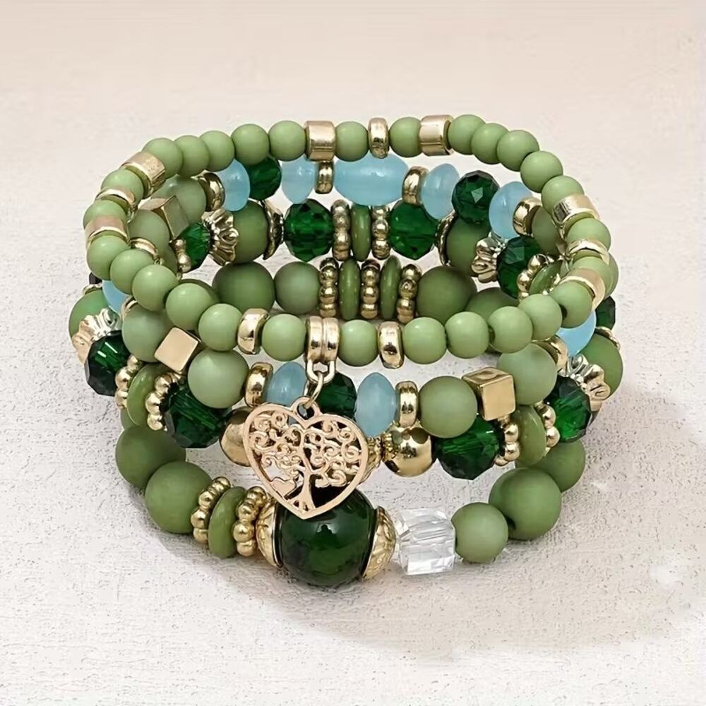 4pc Boho Beaded Bracelet Set Multi Layer Colorful Glass Acrylic Charms New